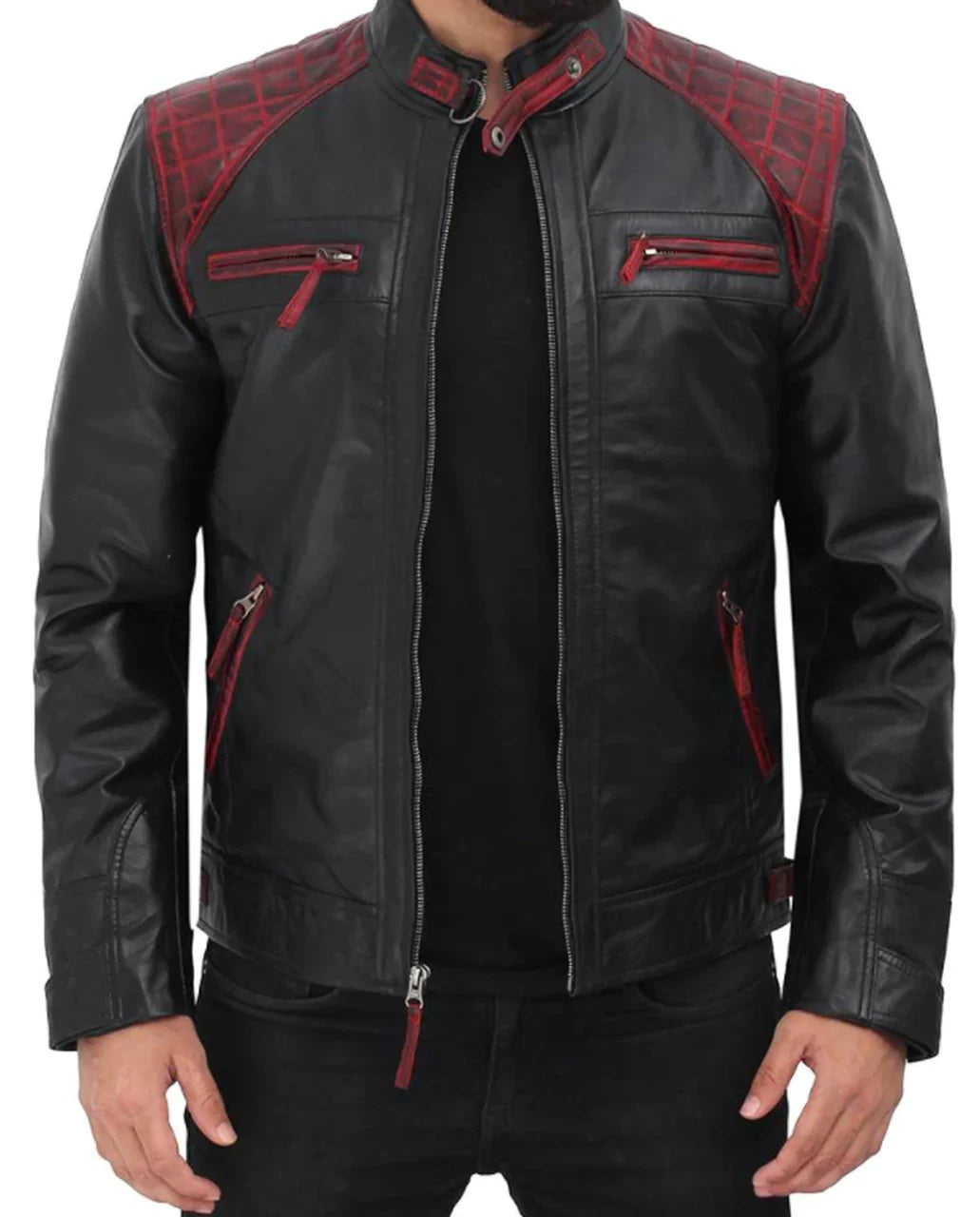 Shop Men Black Genuine Leather Jacket With Stylish Red Padding