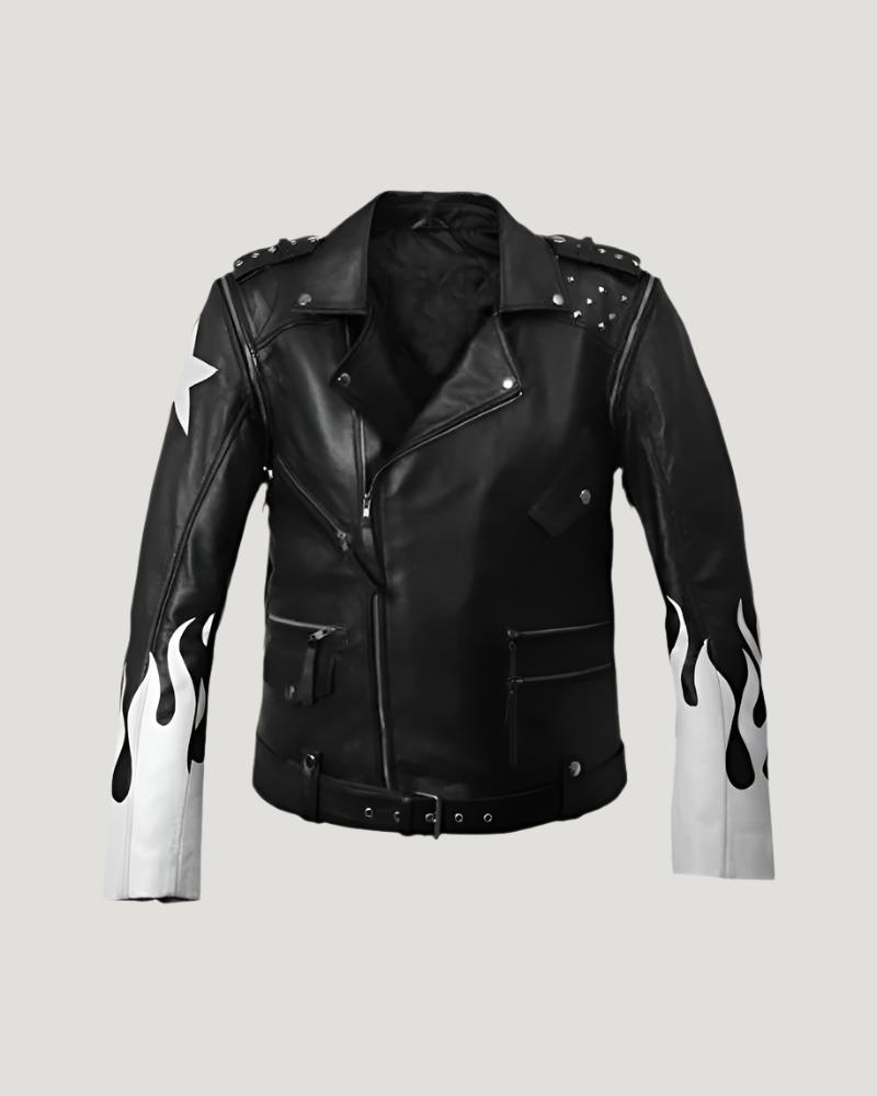 Shop Black Leather Jacket with White Flames