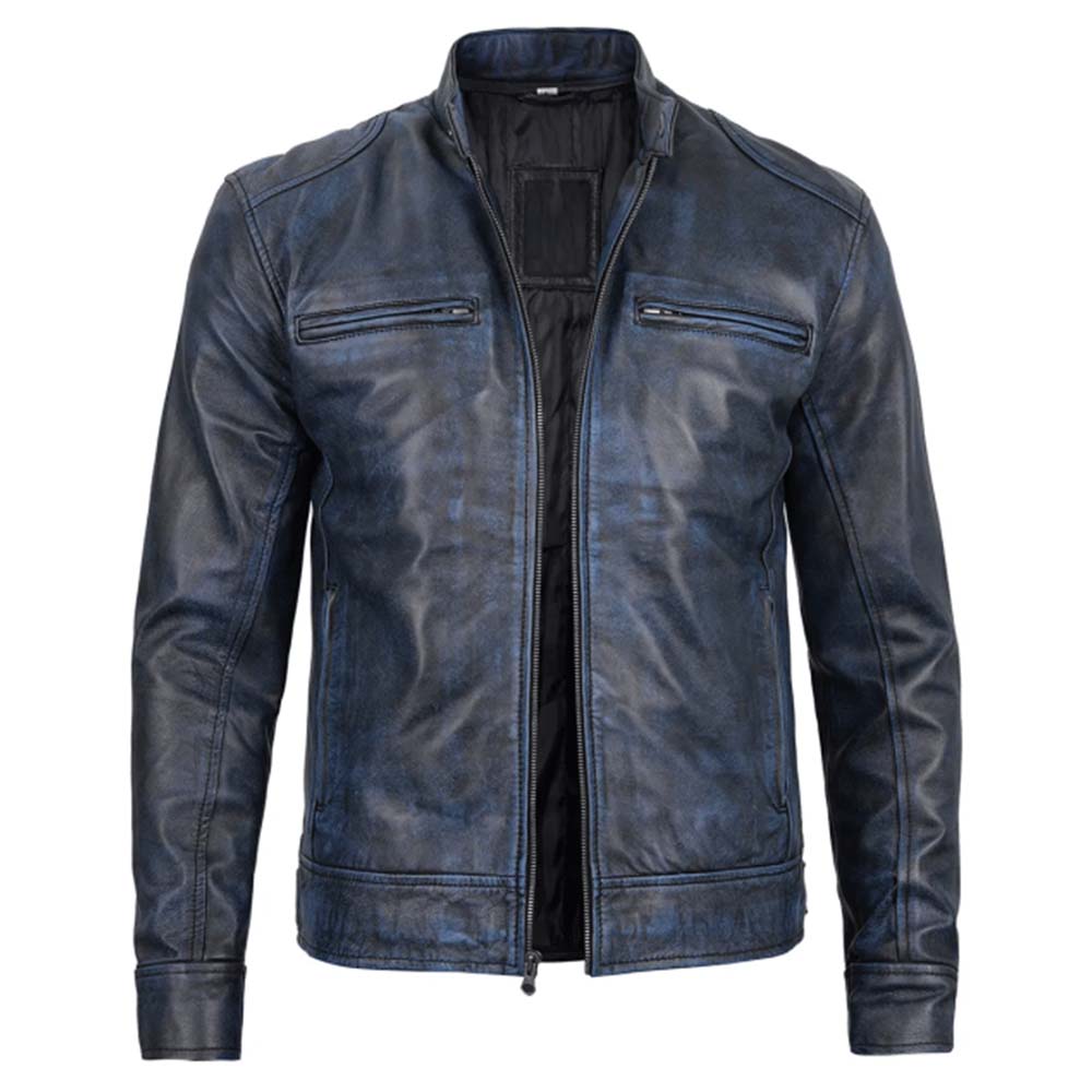 Shop Mens Dodge Blue Waxed Cafe Racer Leather Jacket