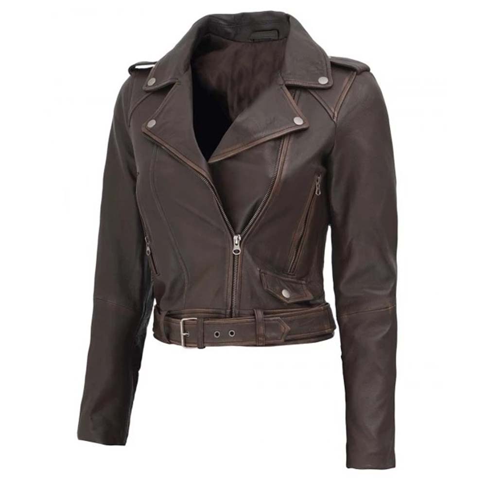 Shop Women's Dark Brown Distressed Cropped Leather Biker Jacket