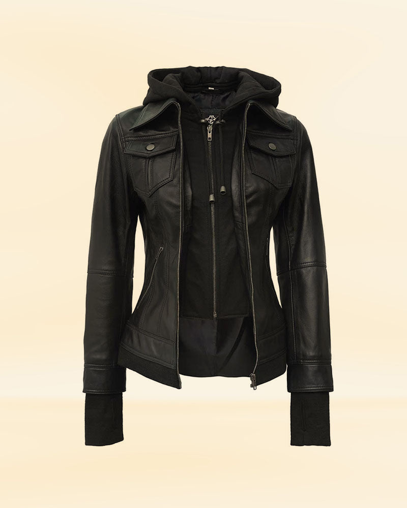 Shop Black Leather Bomber Jacket with Hood