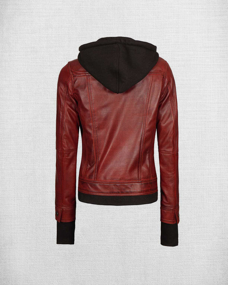 Shop Women Stunning Brown Leather Jacket with Hood