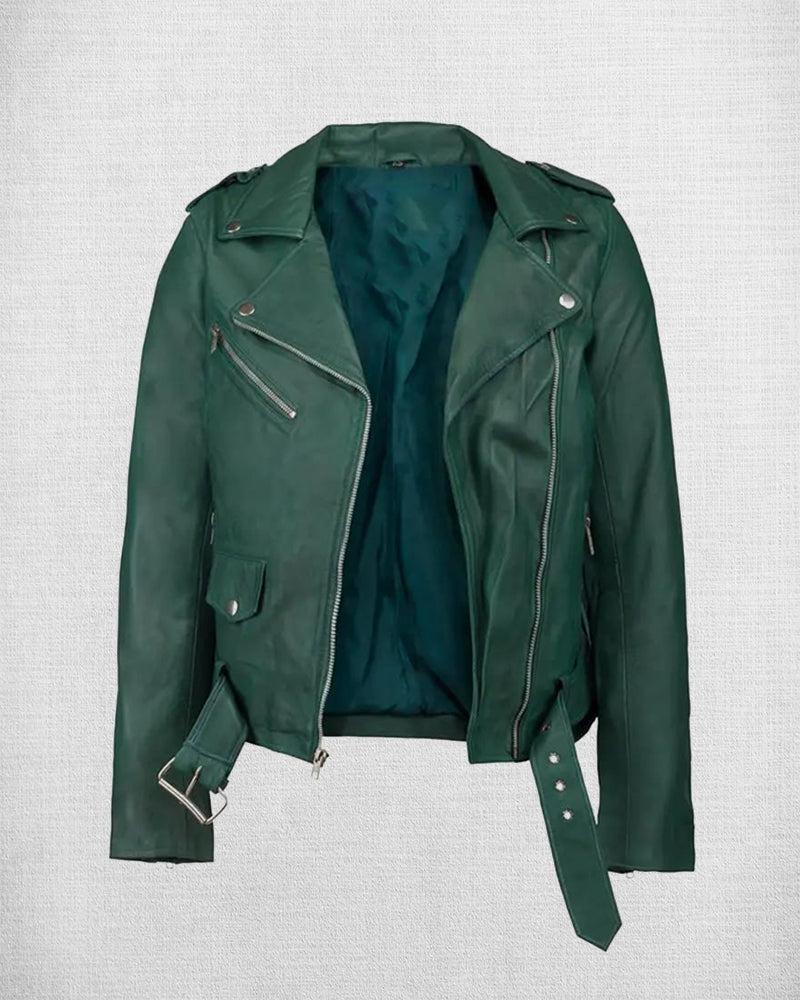 Shop Stylish Green Leather Biker Jacket For Women