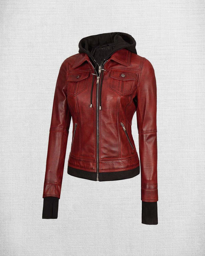Shop Women Stunning Brown Leather Jacket with Hood