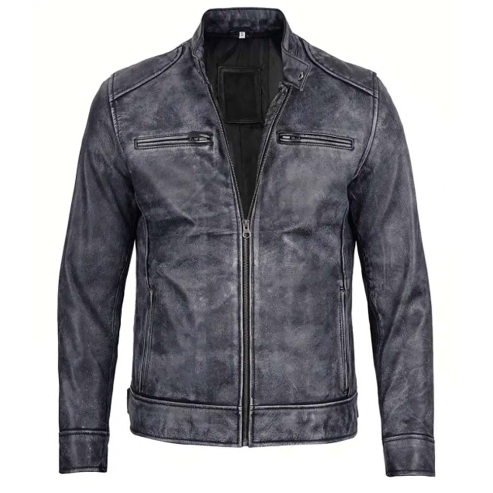 Shop Mens Dodge Black and White Waxed Racer Leather Jacket