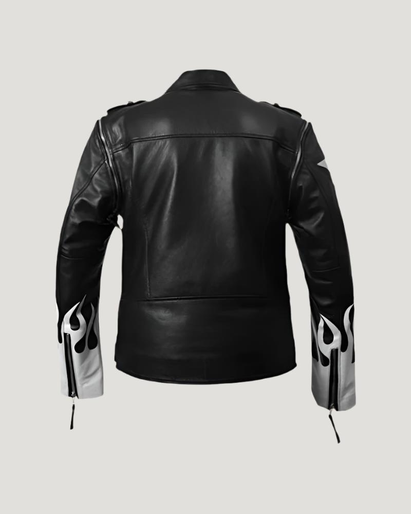 Shop Black Leather Jacket with White Flames