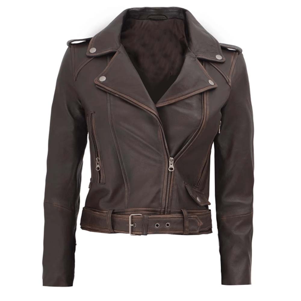Shop Women's Dark Brown Distressed Cropped Leather Biker Jacket
