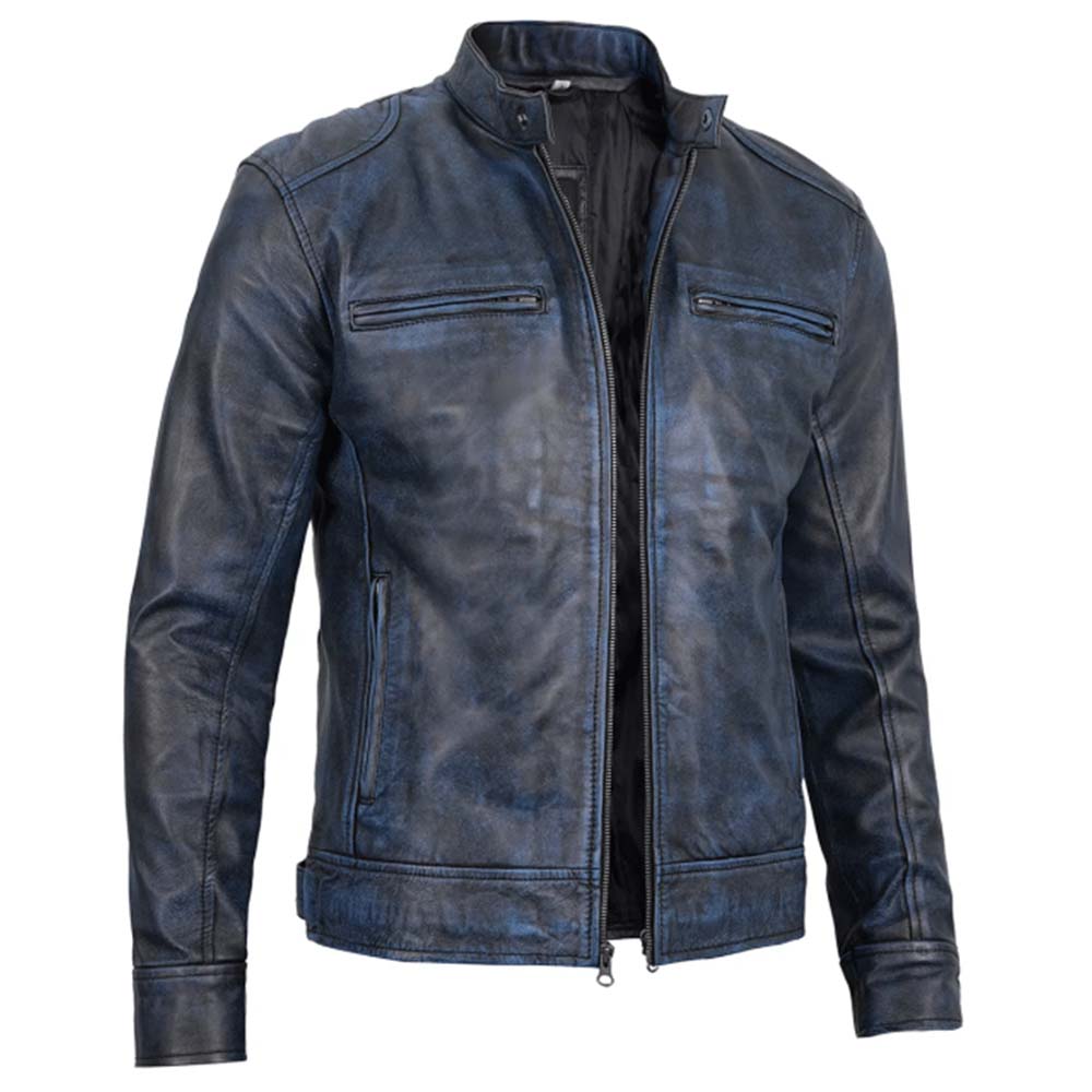 Shop Mens Dodge Blue Waxed Cafe Racer Leather Jacket