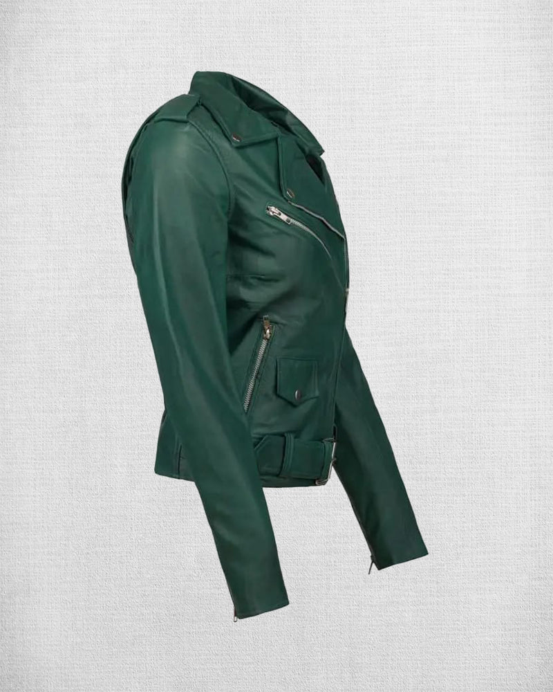 Shop Stylish Green Leather Biker Jacket For Women