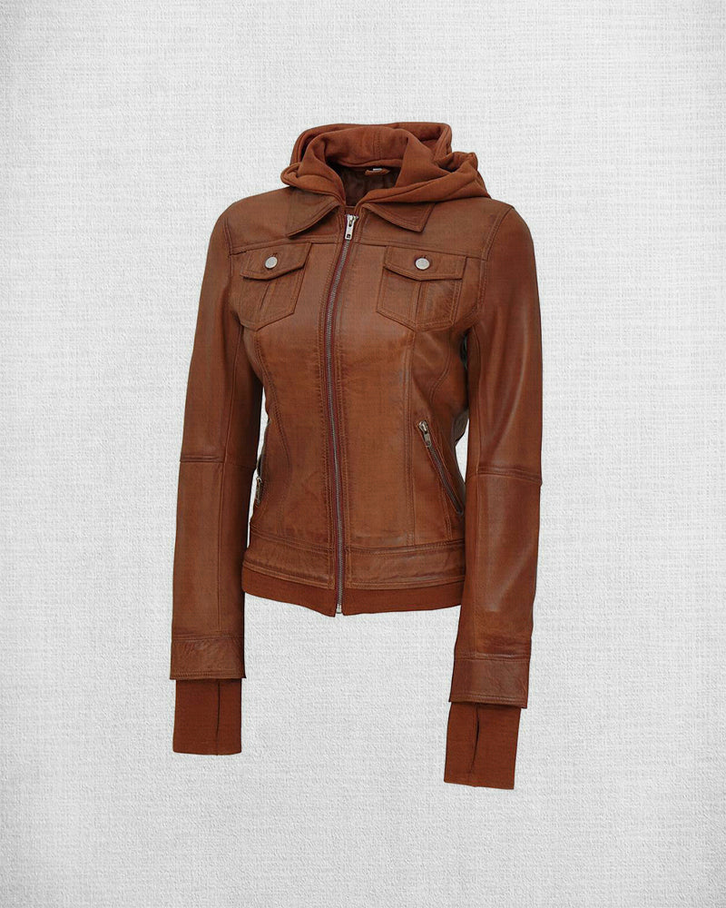 Shop Stylish Brown Leather Bomber Jacket with Hood
