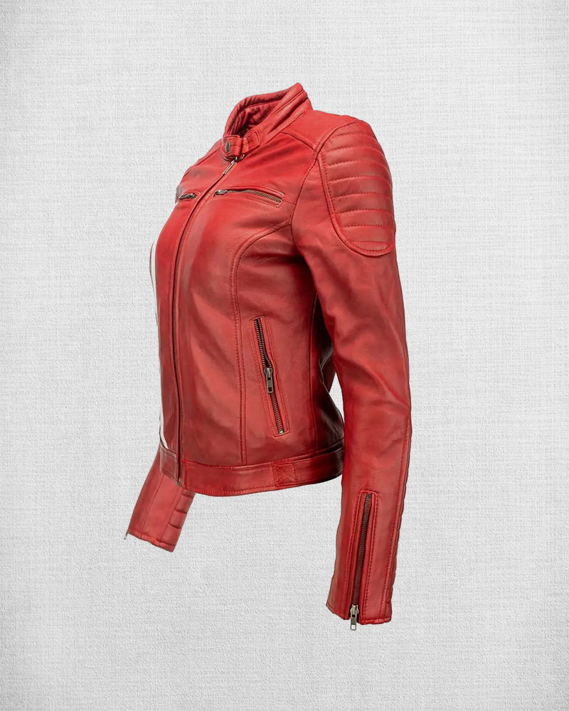 Shop Fashionable Black Leather Biker Jacket with White and Red Stripes