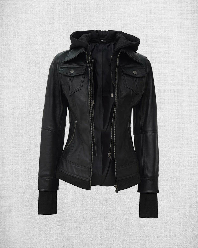Shop Stylish Black Leather Bomber Jacket with Hood