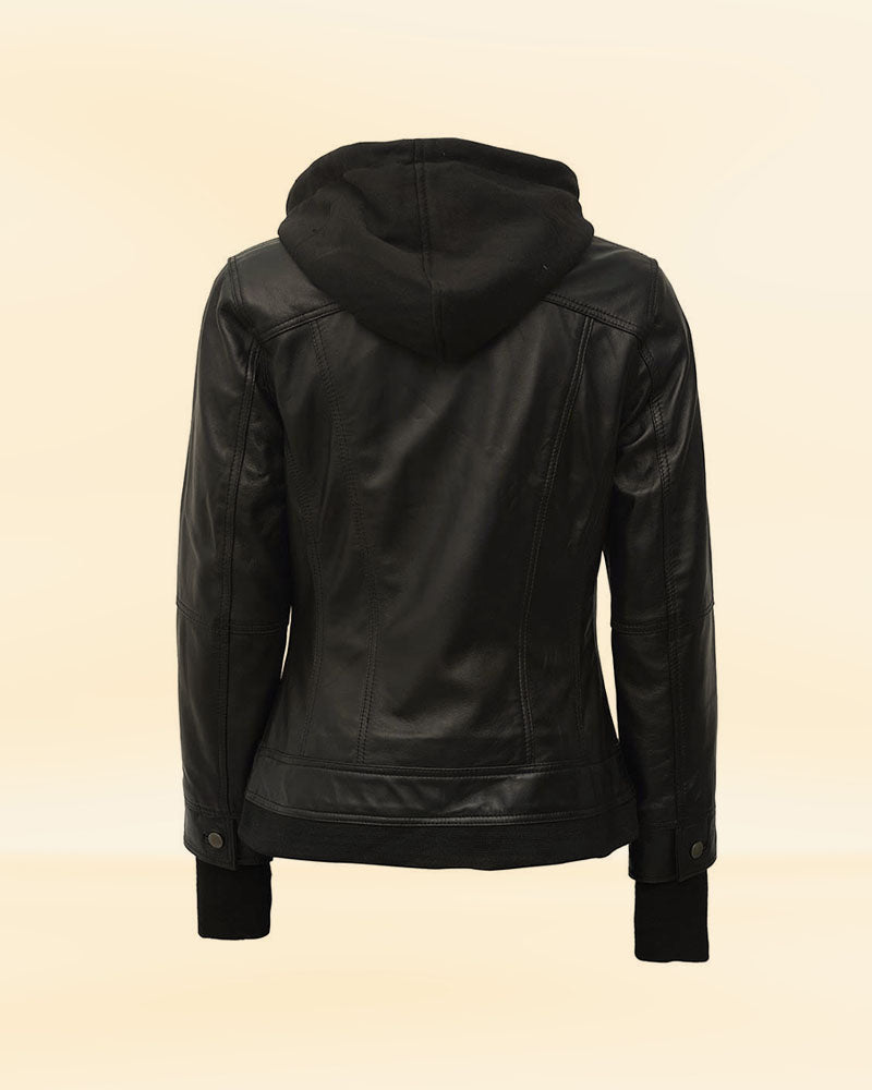 Shop Black Leather Bomber Jacket with Hood