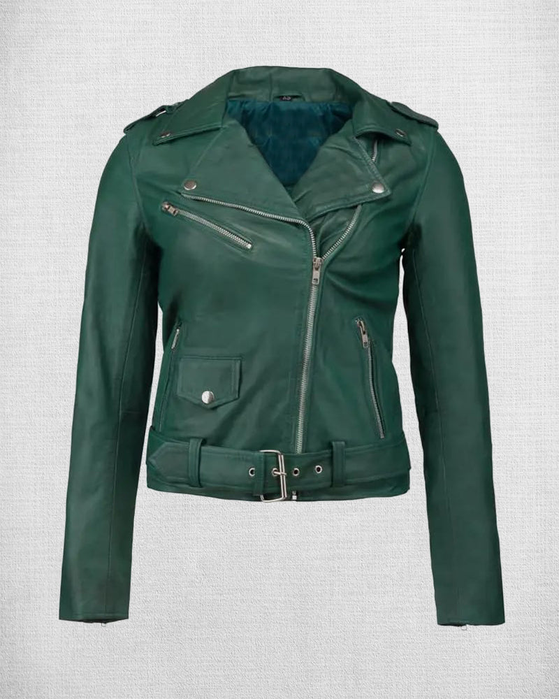 Shop Stylish Green Leather Biker Jacket For Women
