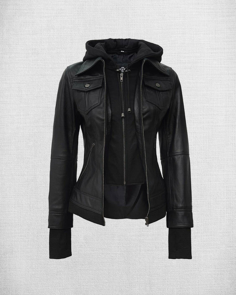 Shop Stylish Black Leather Bomber Jacket with Hood
