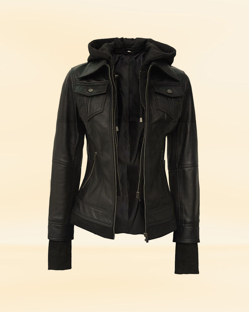 Shop Black Leather Bomber Jacket with Hood