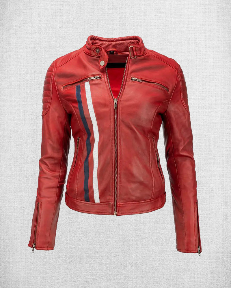 Black Leather Biker Jacket with Stripes 