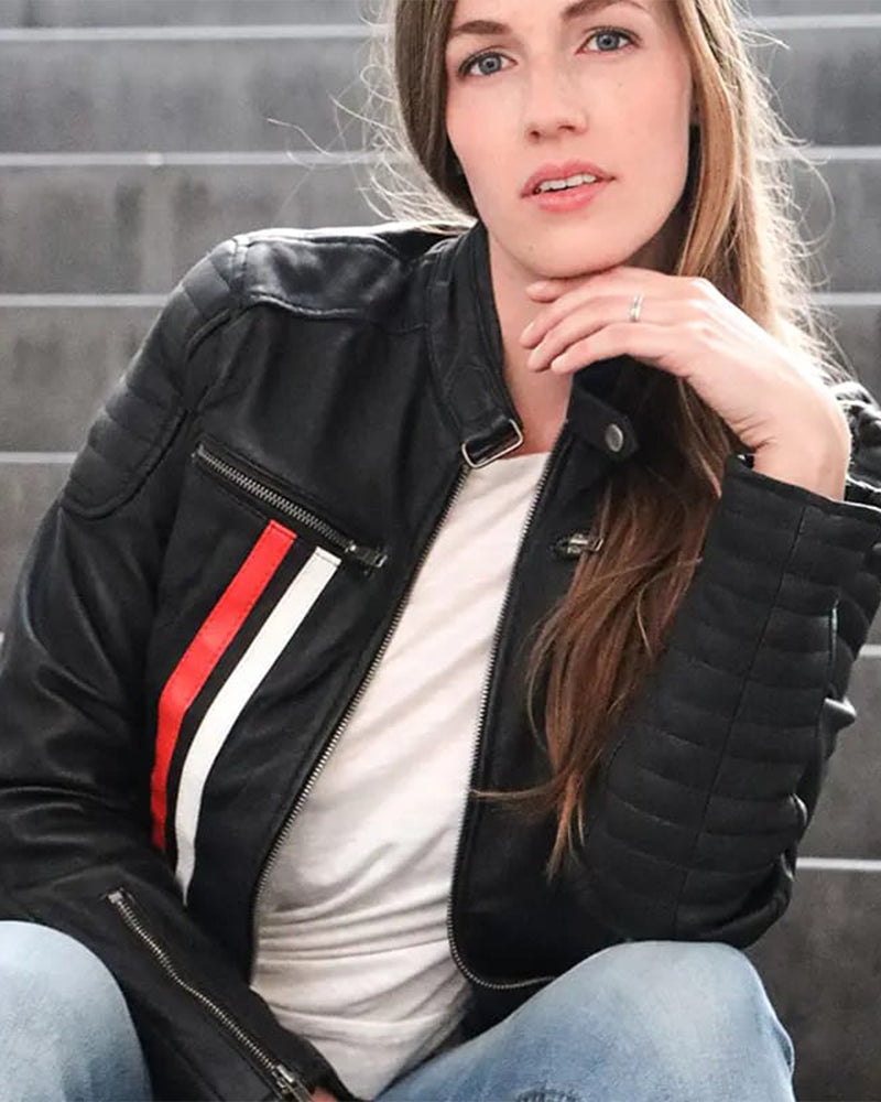 Shop Fashionable Black Leather Biker Jacket with White and Red Stripes