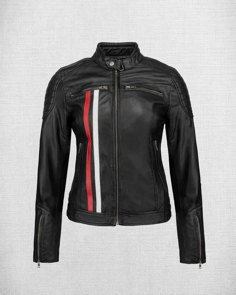White and Red Striped Leather Motorcycle Jacket 
