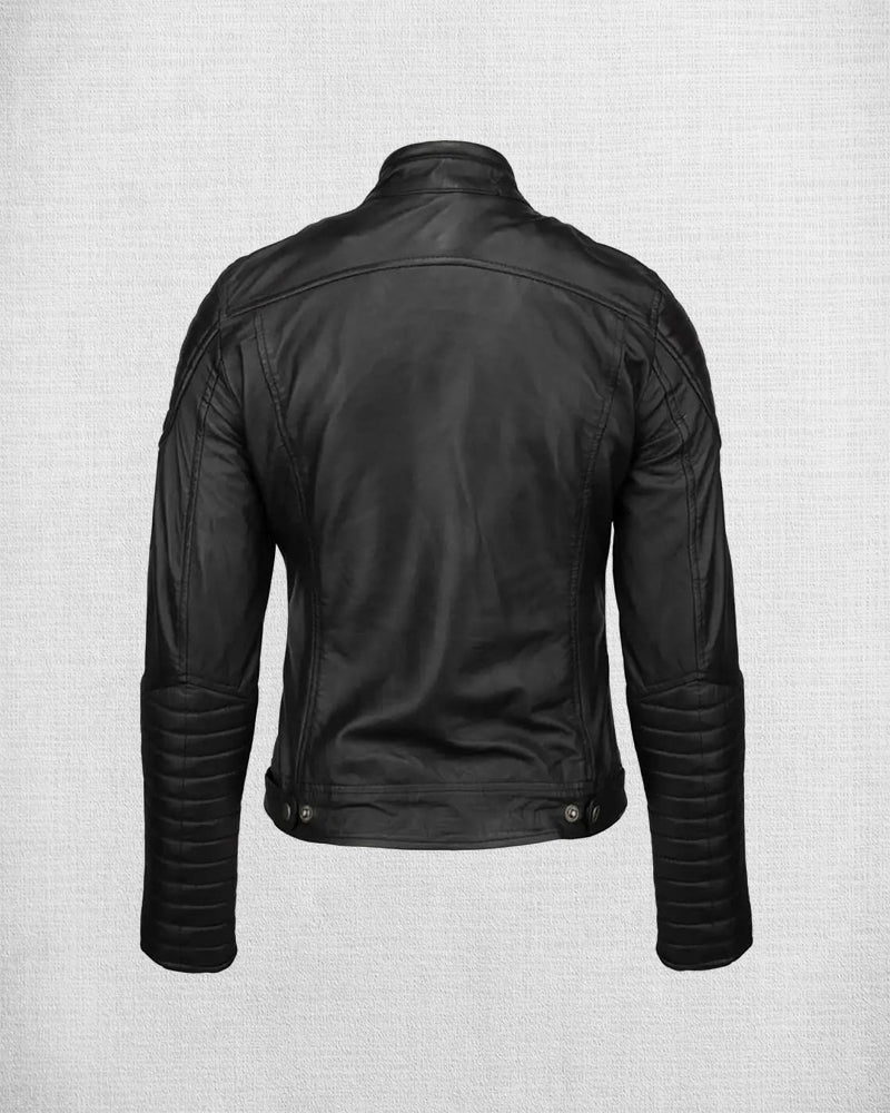 Black Leather Biker Jacket with Stripes 