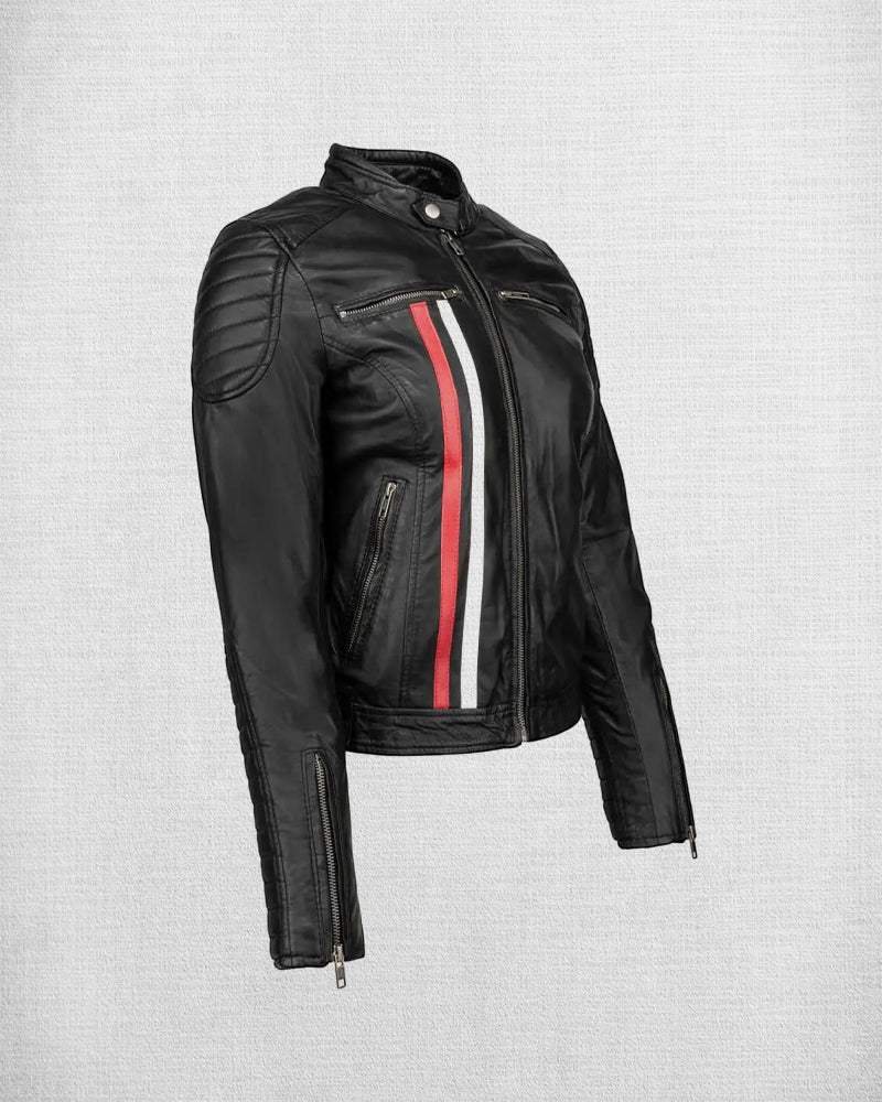 Shop Fashionable Red Leather Biker Jacket with White and Blue Stripes