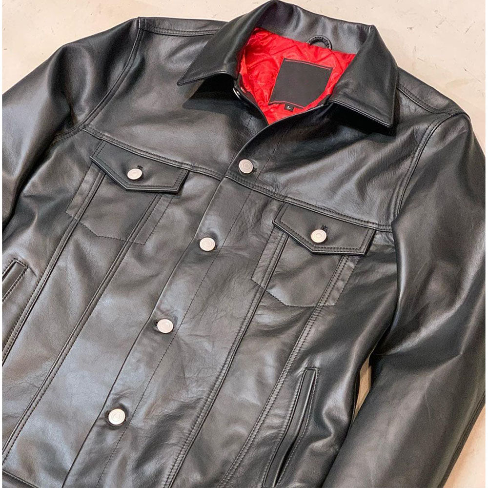 Shop Black Stylish Trucker Slim fit Leather Jacket Men by TJS