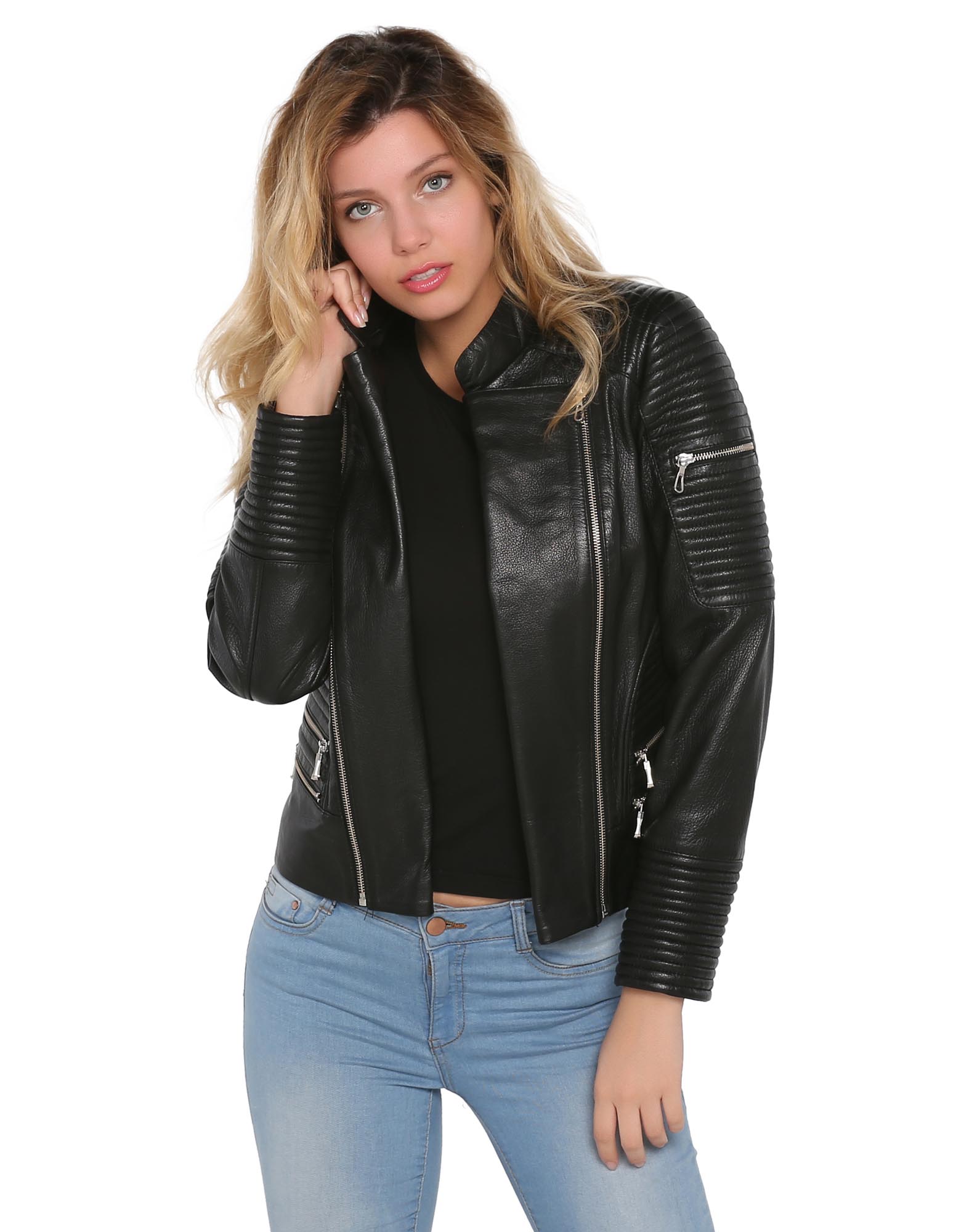 Shop Women's Real Leather Jacket Bomber Black