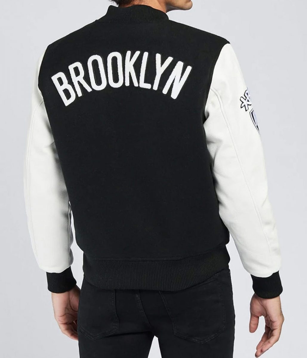Shop Brooklyn Nets Logo Black and White Letterman Jacket