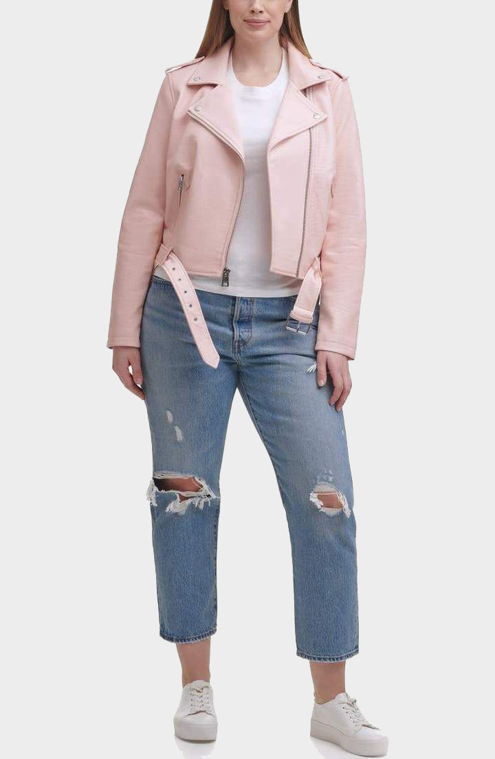 Shop Water Repellent Leather Fashion Belted Moto Jacket
