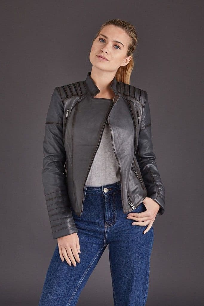 Shop Women Gray Motorcycle Leather Jacket
