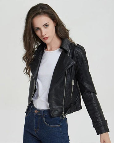 Shop Short Slim Zipper Biker Leather Jacket
