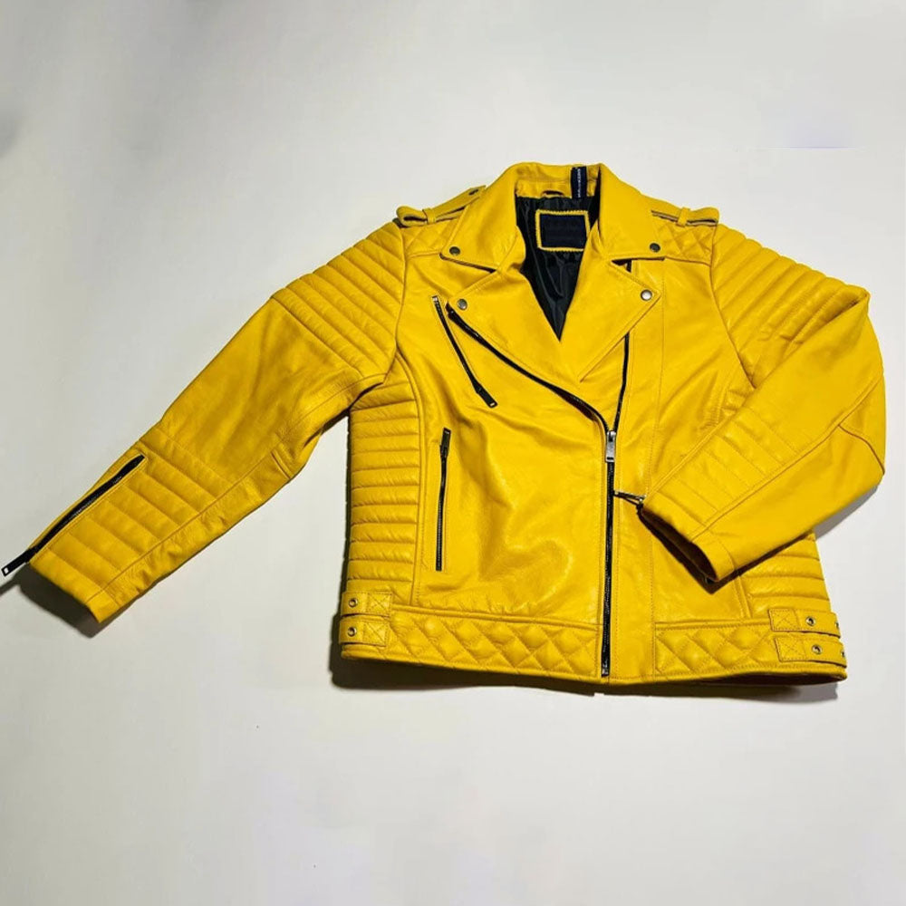 Shop Women's Yellow Genuine Leather Biker Jacket