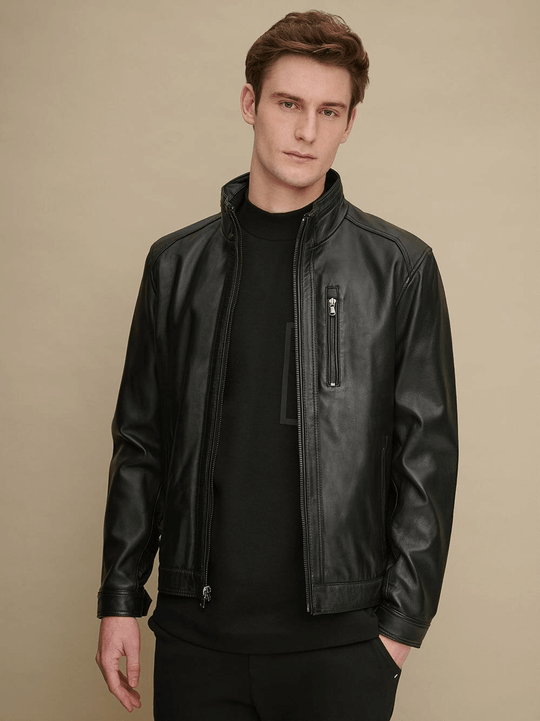 Shop Men's Stand Collar Style Black Glossy Leather Jacket