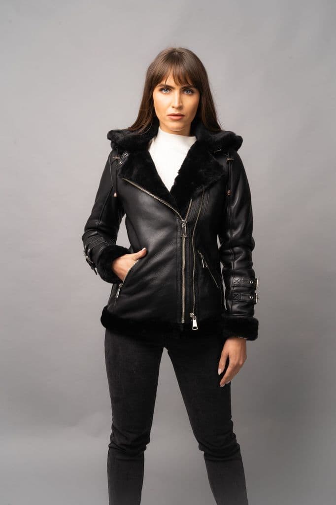 Shop Women Black Hooded Faux Shearling Leather Jacket