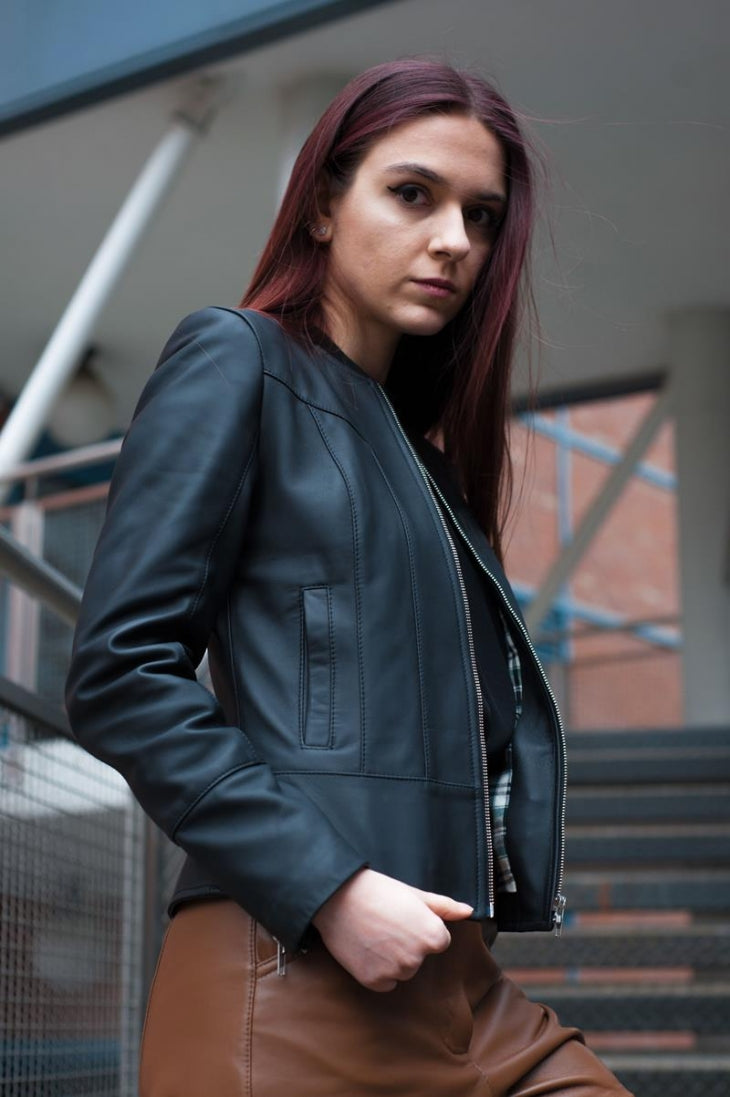 Shop Women Black Casual Bomber Leather Jacket