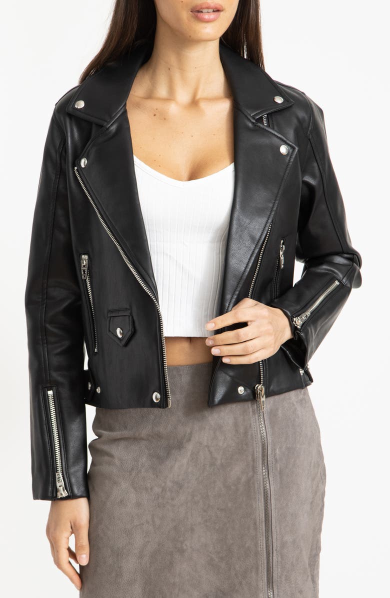 Shop Women hooded Leather jacket in Black