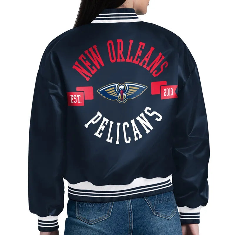 New Orleans Pelicans Printed Logo Navy Varsity Satin Jacket