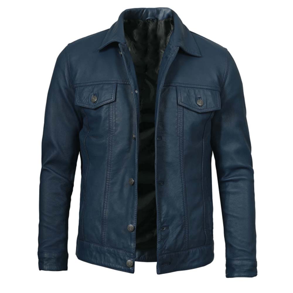 Shop Blue Washed Leather Trucker Jacket Mens