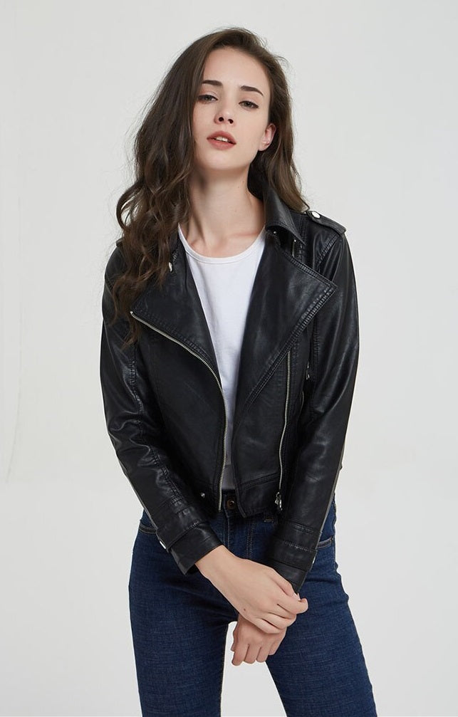 Shop Short Slim Zipper Biker Leather Jacket