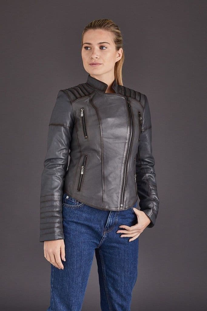 Shop Women Gray Motorcycle Leather Jacket