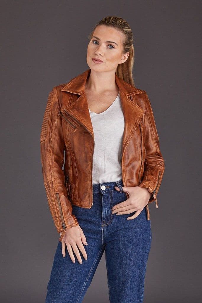 Shop Women Tan Biker Leather Jacket