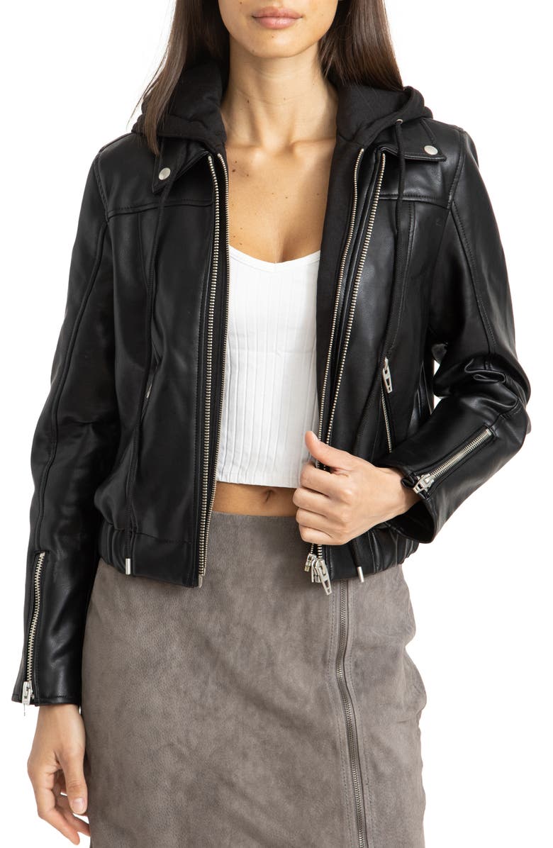 Shop Women hooded Leather jacket in Black