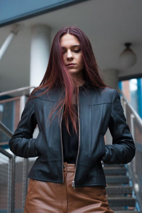 Shop Women Black Casual Bomber Leather Jacket