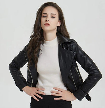 Shop Short Slim Zipper Biker Leather Jacket