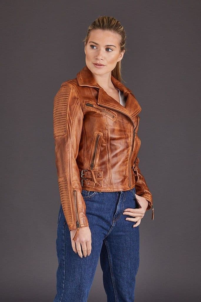 Shop Women Tan Biker Leather Jacket