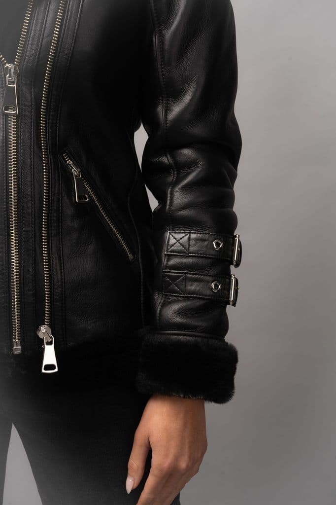 Shop Women Black Hooded Faux Shearling Leather Jacket