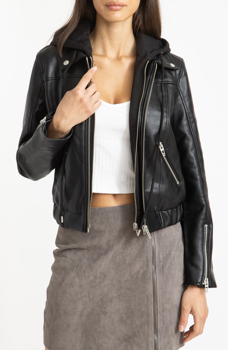 Shop Women hooded Leather jacket in Black