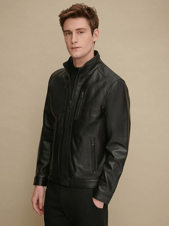 Shop Men's Stand Collar Style Black Glossy Leather Jacket