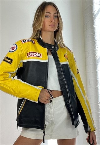 Shop Vintage Y2k Leather Racing Biker Jacket Black Yellow by TJS