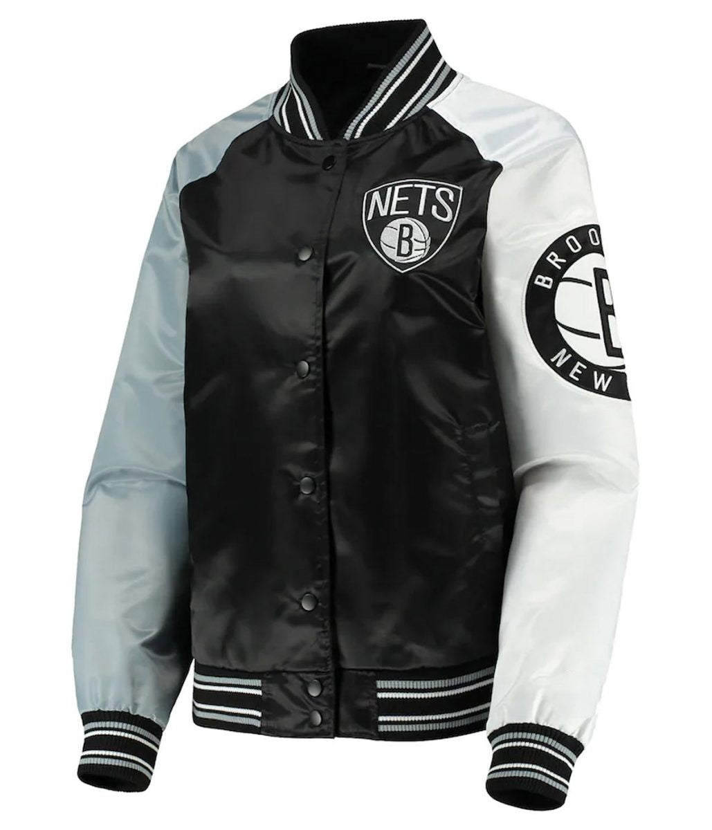 Shop Brooklyn Nets Reliever Raglan Full-Snap Satin Black and Gray Jacket